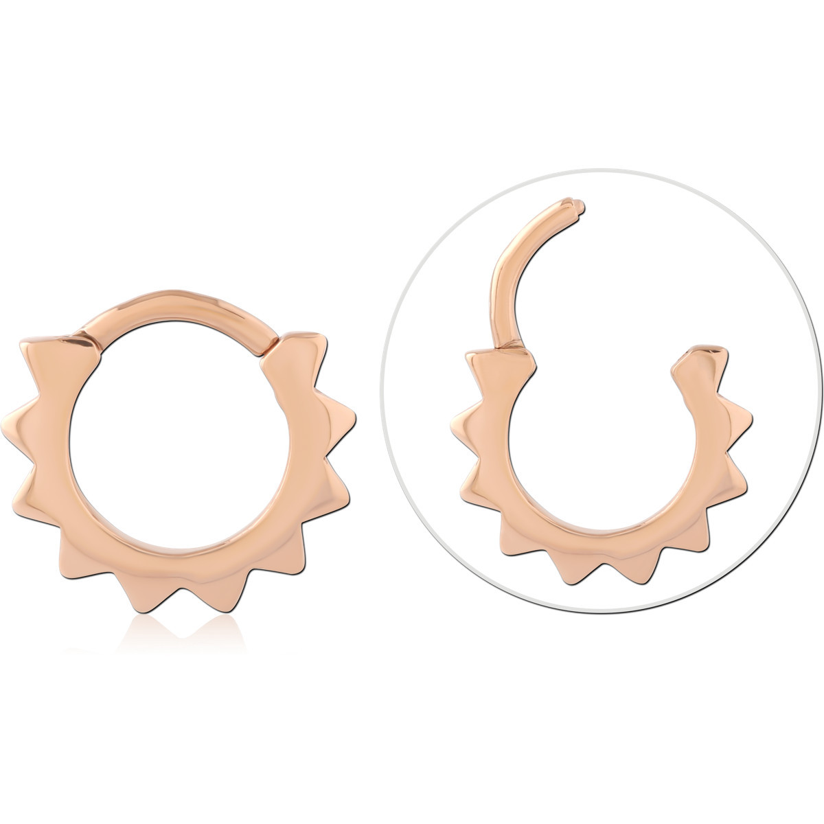 316L ROSE GOLD PVD COATED SURGICAL STEEL HINGE SEGMENT RING SUNBURST SPIKES