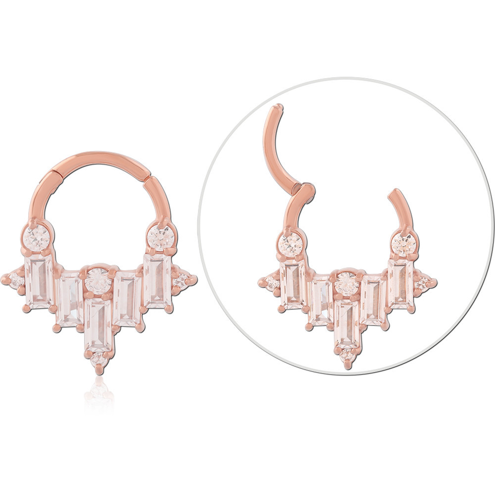 316L ROSE GOLD PVD COATED SURGICAL STEEL HINGE SEGMENT RING BAGUETTE CHANDELIER WITH DANGLE