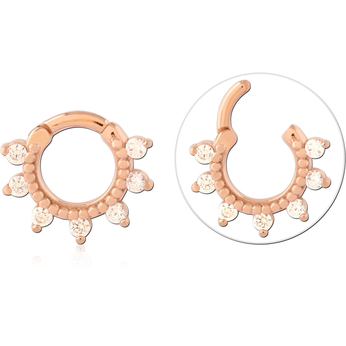 ROSE GOLD PVD COATED SURGICAL STEEL PRONG SET JEWELED HINGED SEPTUM CLICKER RING