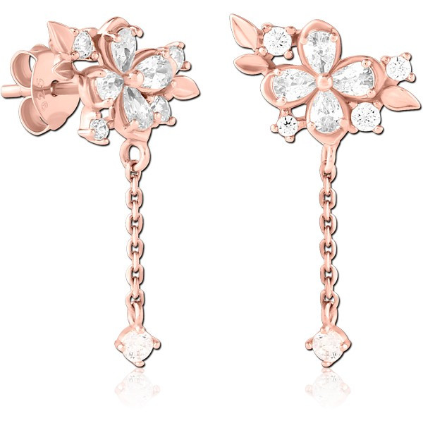 STERLING SILVER 925 ROSE GOLD PLATED JEWELED EAR STUDS PAIR - FLOWER