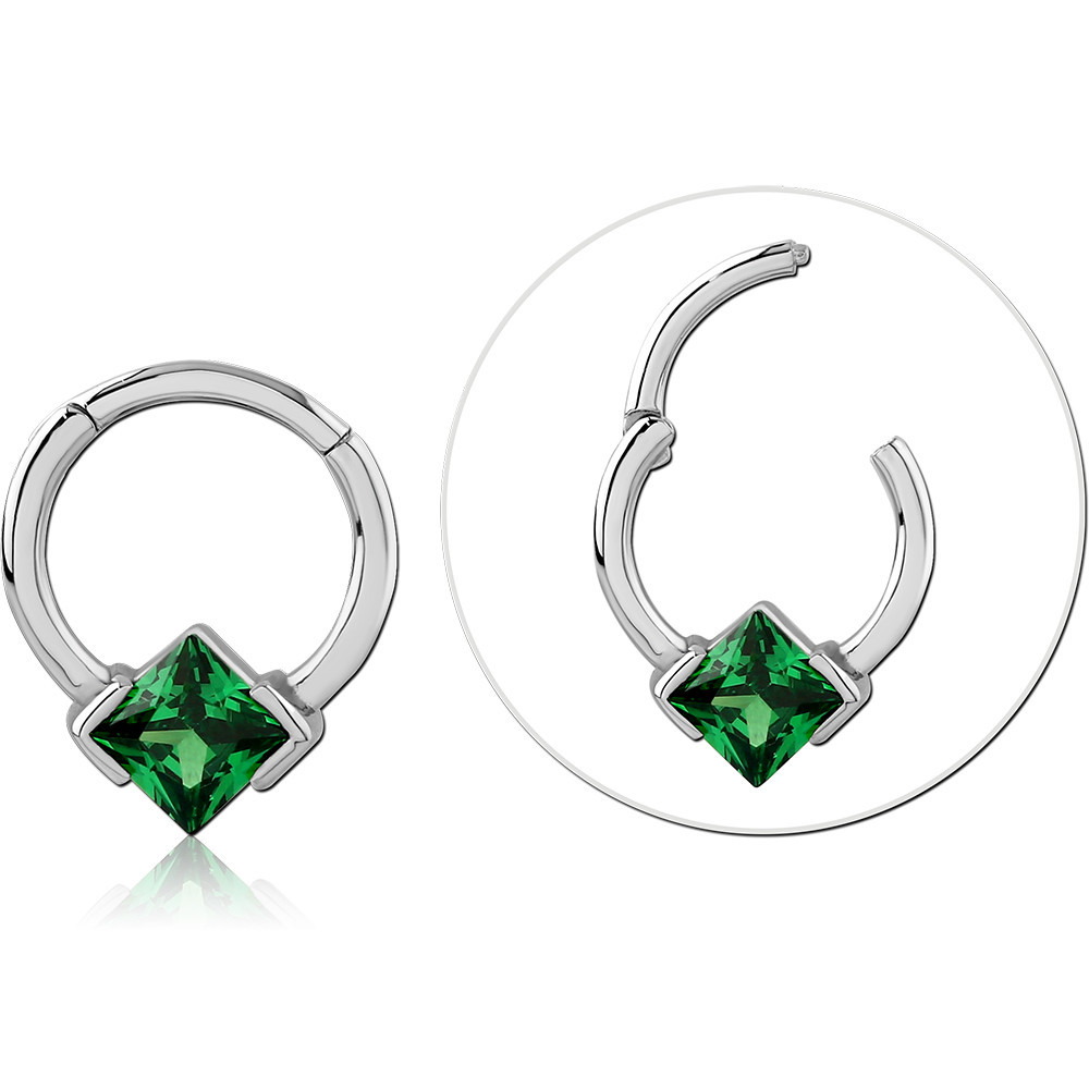 STERLING SILVER 925 HINGE SEGMENT RING GREEN PRINCESS GEM WITH DANGLE