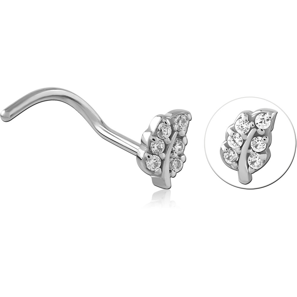 SURGICAL STEEL CURVED JEWELED NOSE STUD - LEAF