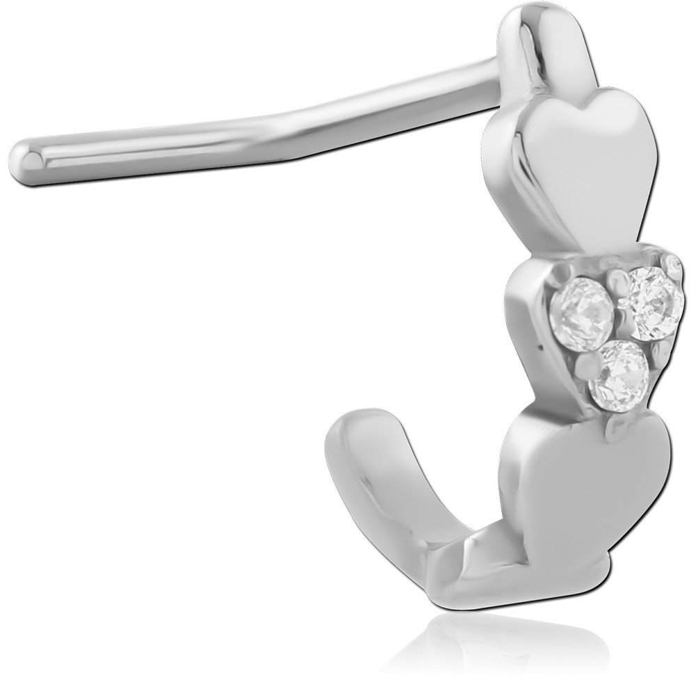 316L SURGICAL STEEL 90 DEGREE NOSE STUD TRIPLE HEART GEM CLUSTER