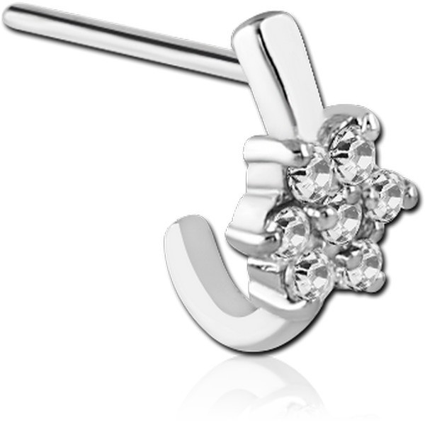 SURGICAL STEEL STRAIGHT JEWELLED WRAP AROUND NOSE STUD - 7 GEM FLOWER
