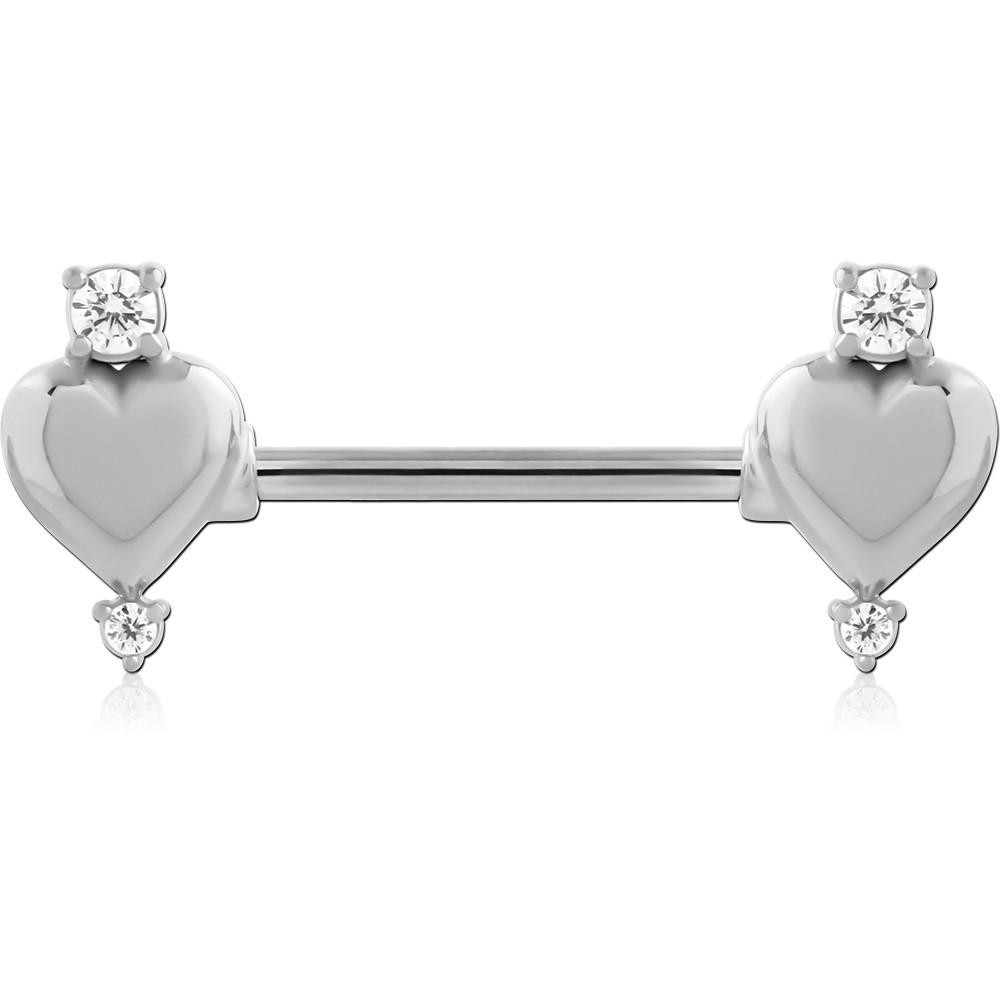 316L SURGICAL STEEL NIPPLE BARBELL SMOOTH HEART ENDS WITH GEM CHARMS