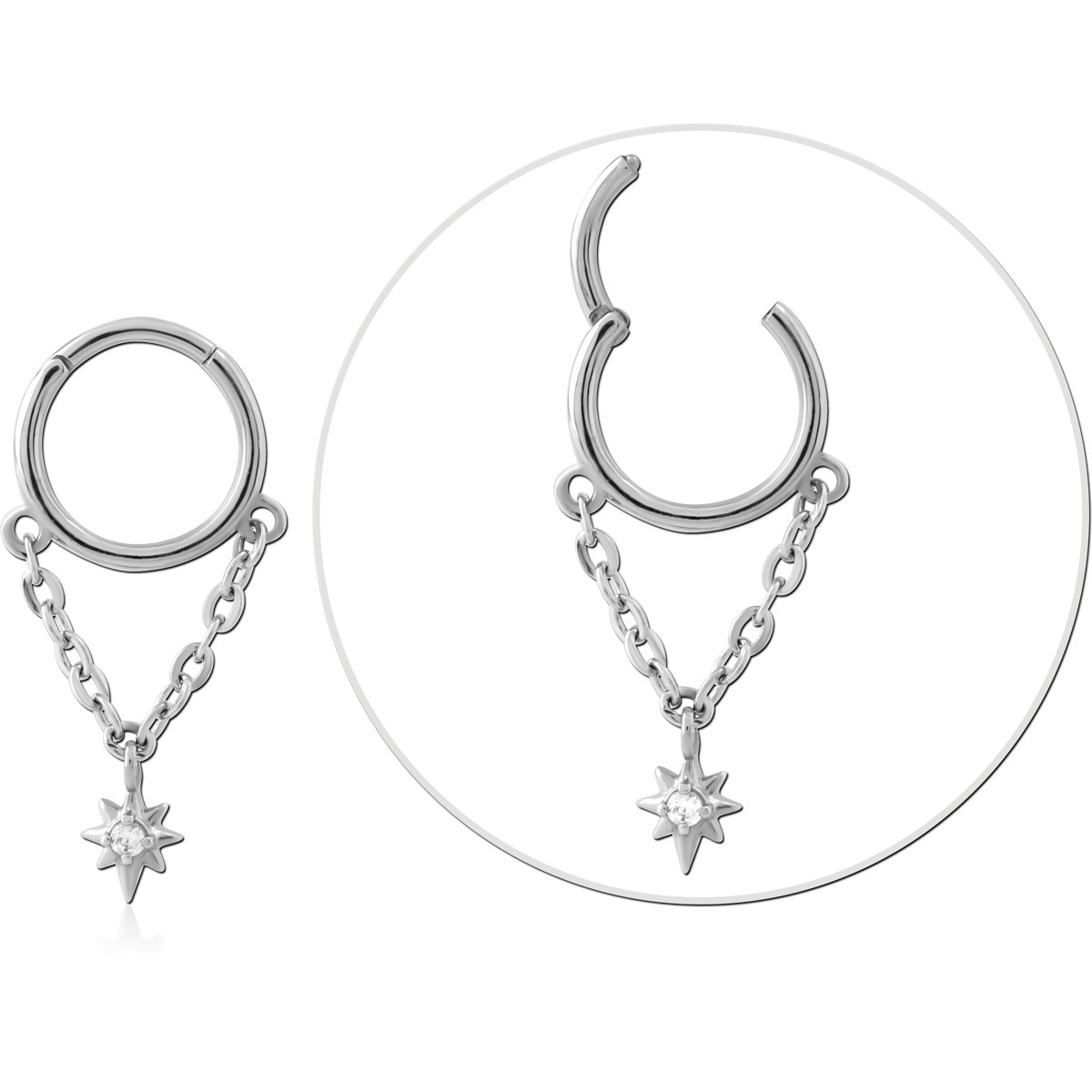 316L SURGICAL STEEL HINGE SEGMENT RING DOUBLE CHAIN DANGLE WITH STAR CHARM