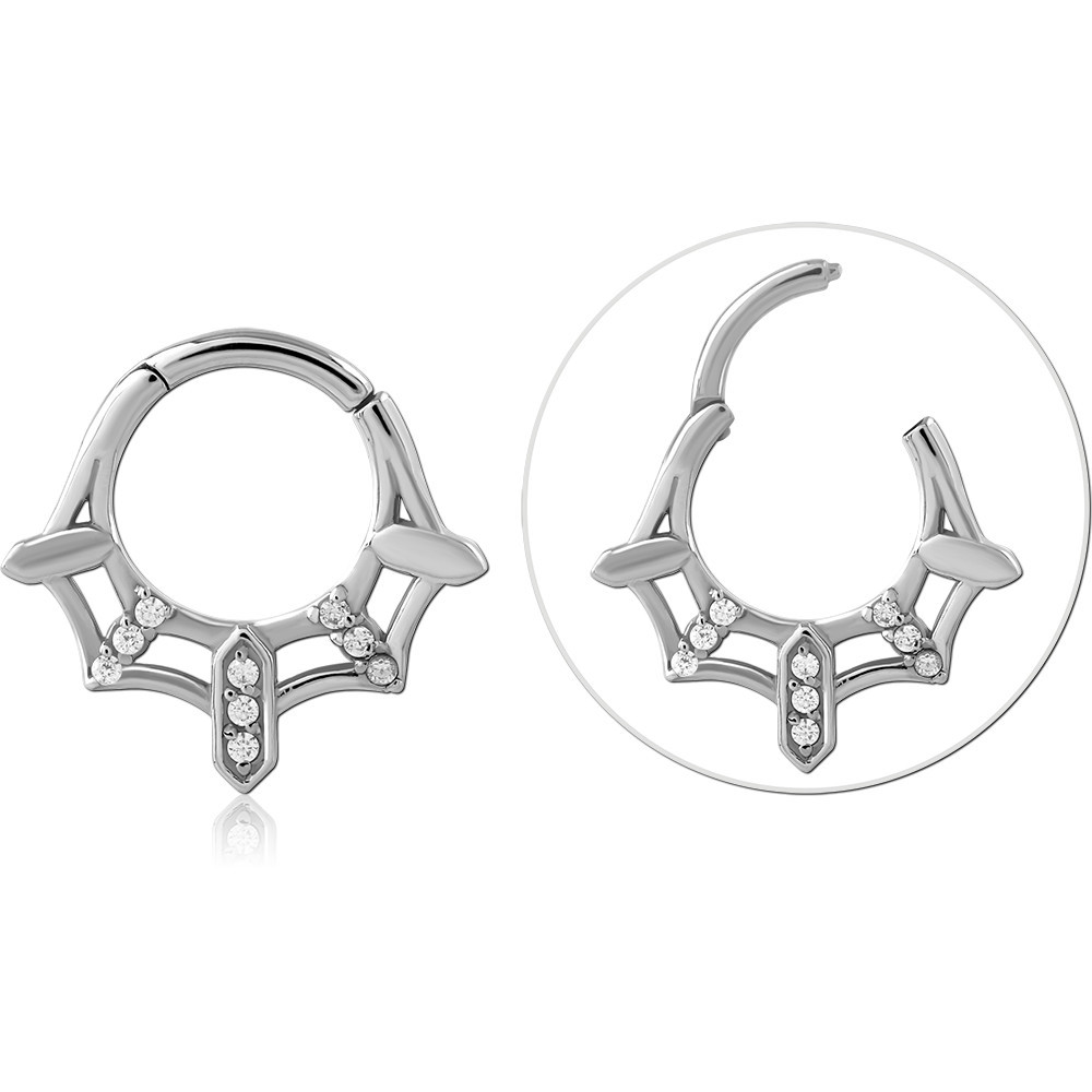 SURGICAL STEEL HINGE SEGMENT RING GEOMETRIC FAN DESIGN CLEAR GEMS
