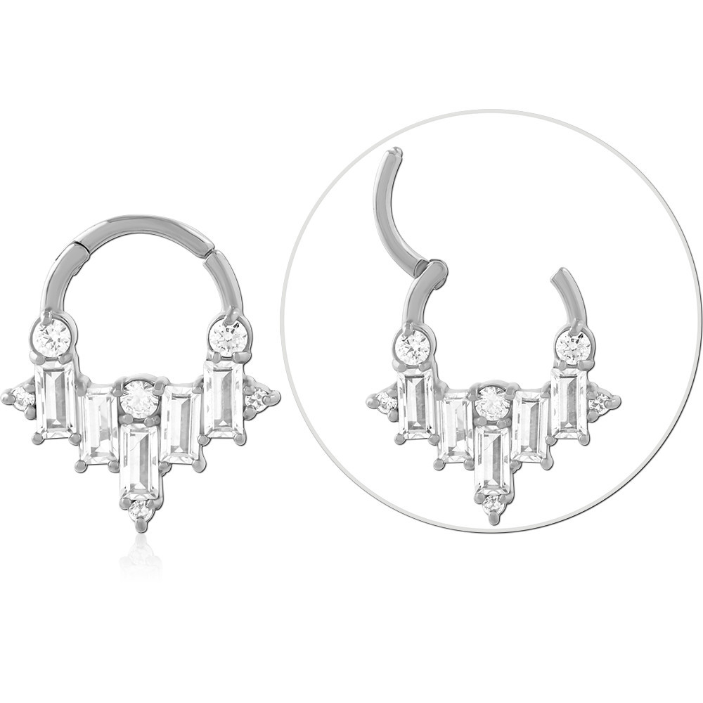 316L SURGICAL STEEL HINGE SEGMENT RING BAGUETTE CHANDELIER WITH DANGLE