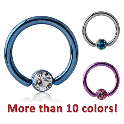 ANODISED TITANIUM BALL CLOSURE RING WITH JEWELLED DISC