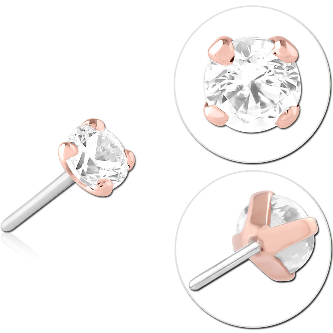 14K ROSE GOLD TOP WITH TITANIUM THREADLESS PIN PRONG SET CLEAR GEM
