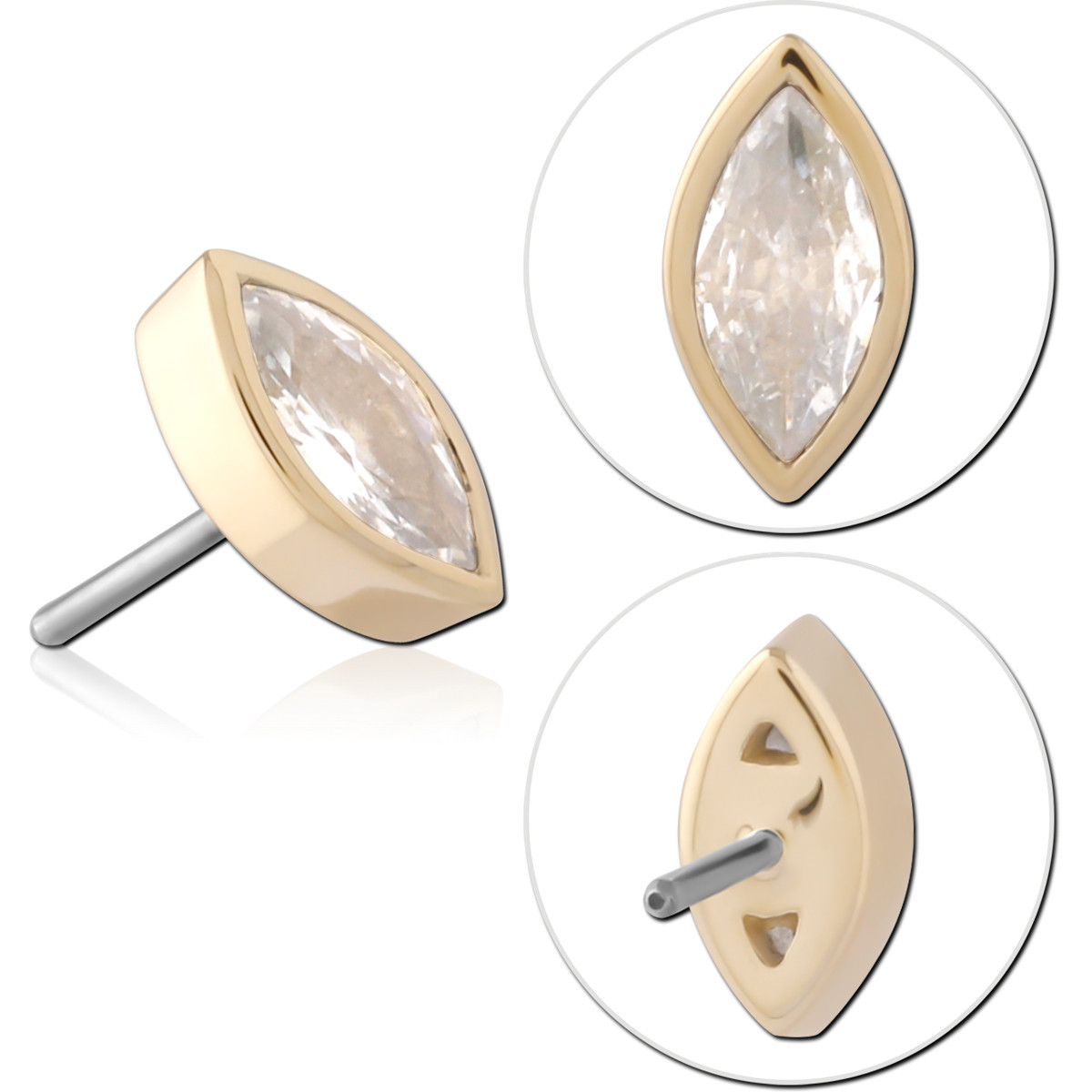 14K YELLOW GOLD MARQUISE CLEAR GEM THREADLESS TOP ATTACHMENT WITH TITANIUM PIN