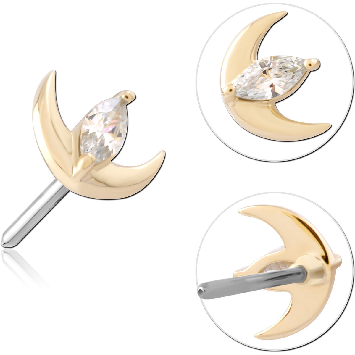 14K YELLOW GOLD TOP WITH TITANIUM THREADLESS PIN CRESCENT MOON WITH MARQUISE CLEAR GEM