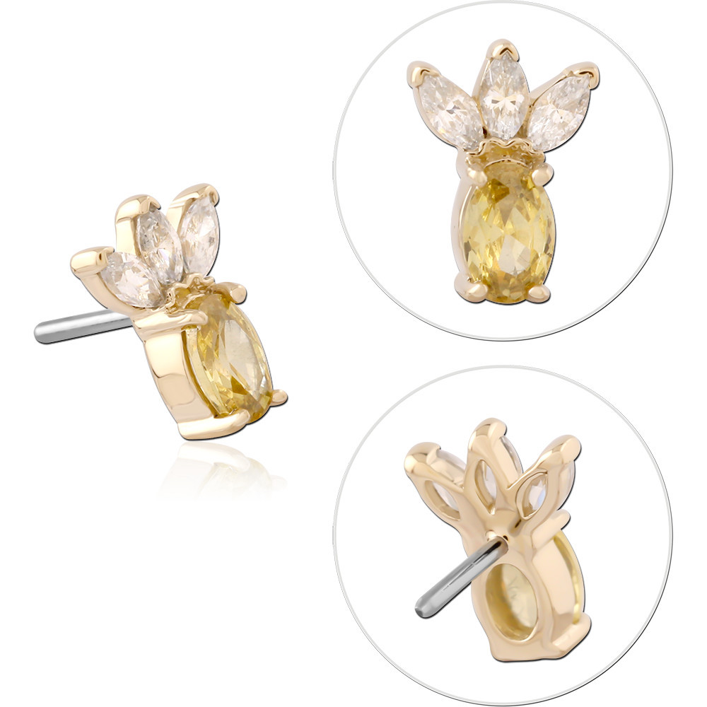 14K YELLOW GOLD ATTACHMENT WITH TITANIUM THREADLESS TOP OVAL YELLOW GEM CLUSTER