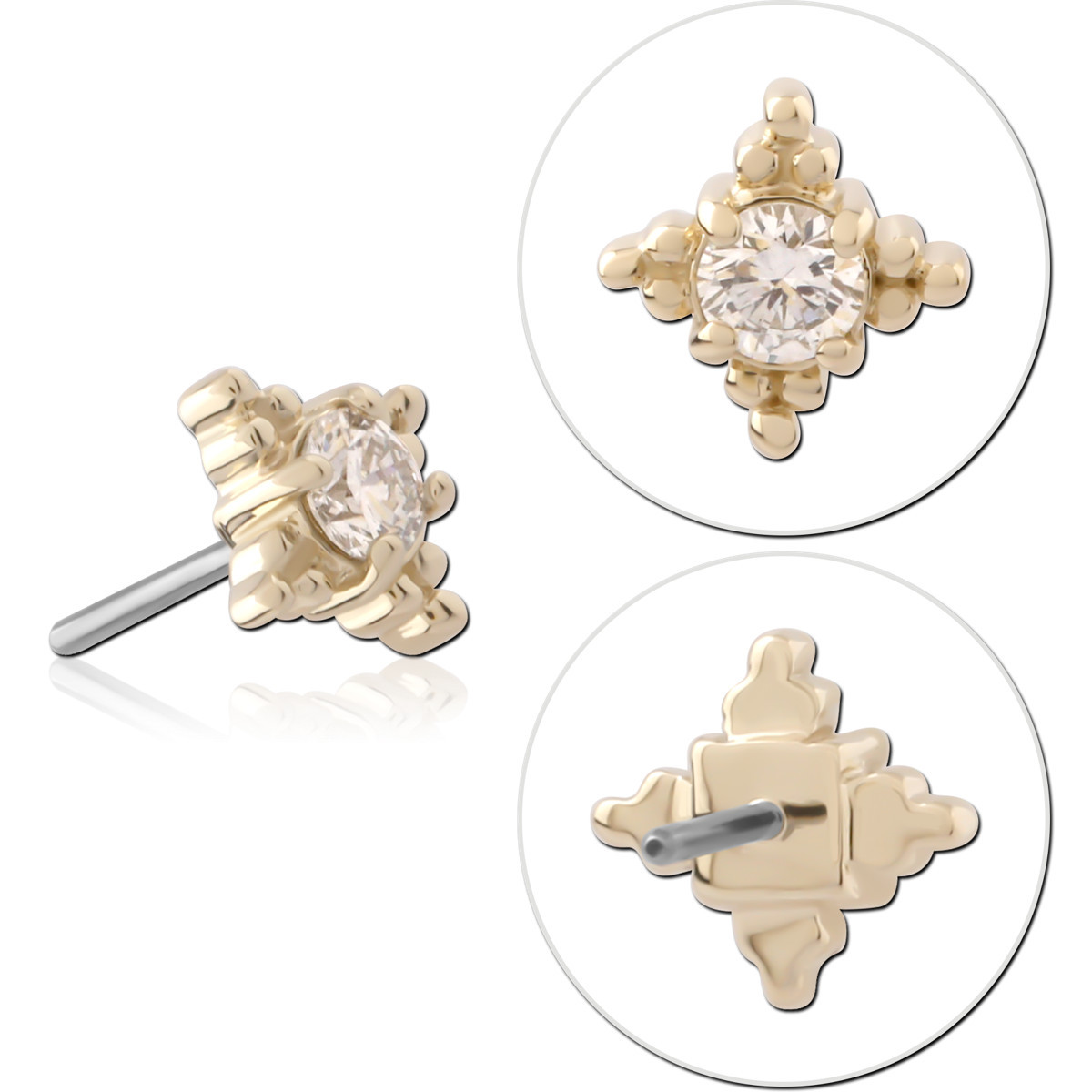 14K YELLOW GOLD TOP WITH TITANIUM THREADLESS PIN BEADED KITE ROUND GEM