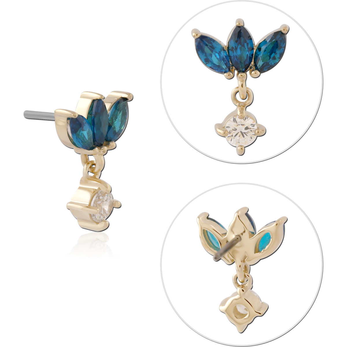 14K YELLOW GOLD ATTACHMENT WITH TITANIUM THREADLESS PIN BLUE MARQUISE CLUSTER WITH GEM CHARM