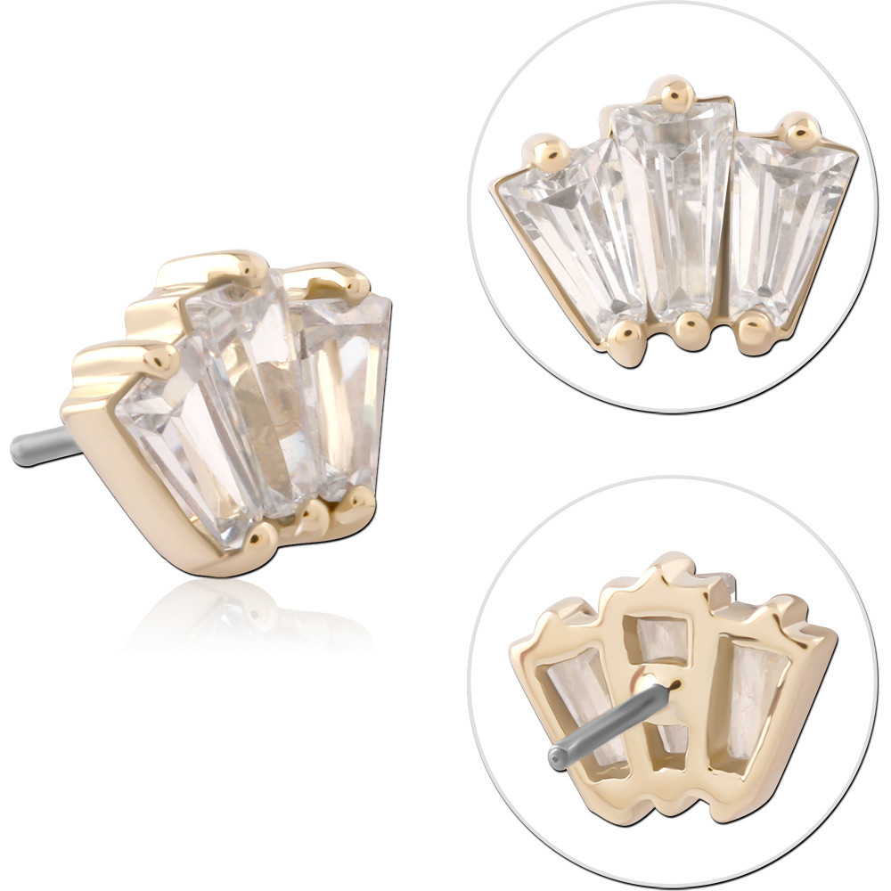 14K YELLOW GOLD ATTACHMENT WITH TITANIUM THREADLESS PIN TRIPLE TAPERED BAGUETTE FAN GEMS