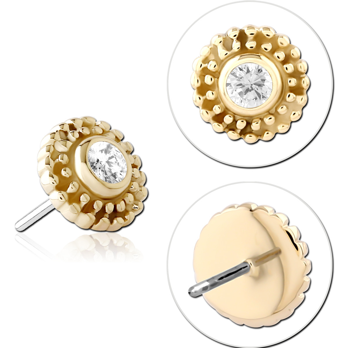 14K YELLOW GOLD TOP WITH TITANIUM THREADLESS PIN BEADED HALO ROUND GEM
