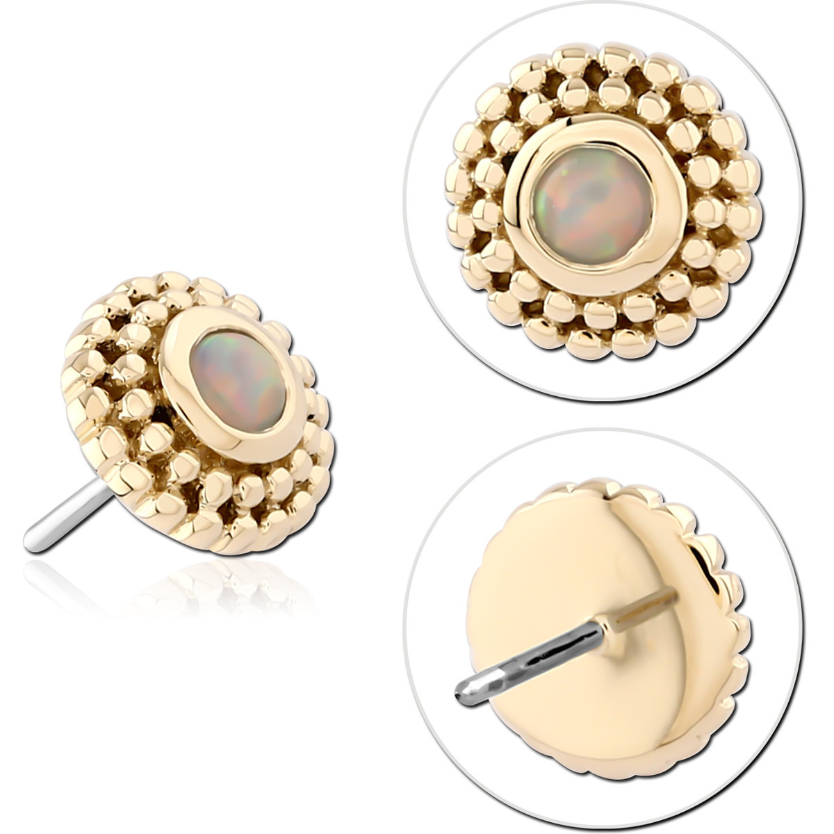 14K YELLOW GOLD TOP WITH TITANIUM THREADLESS PIN BEADED HALO OPAL