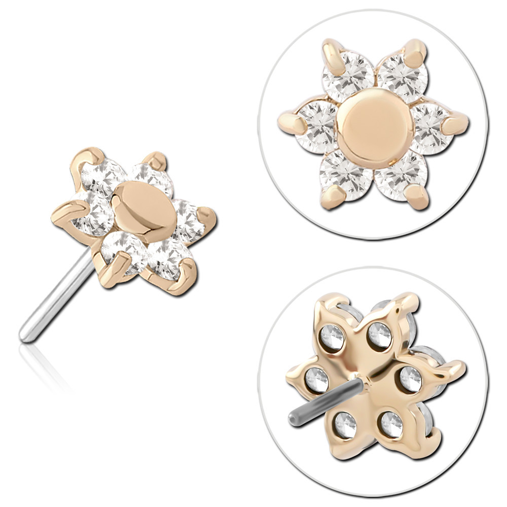 14K YELLOW GOLD TOP WITH TITANIUM THREADLESS PIN FLOWER CLUSTER CLEAR GEMS