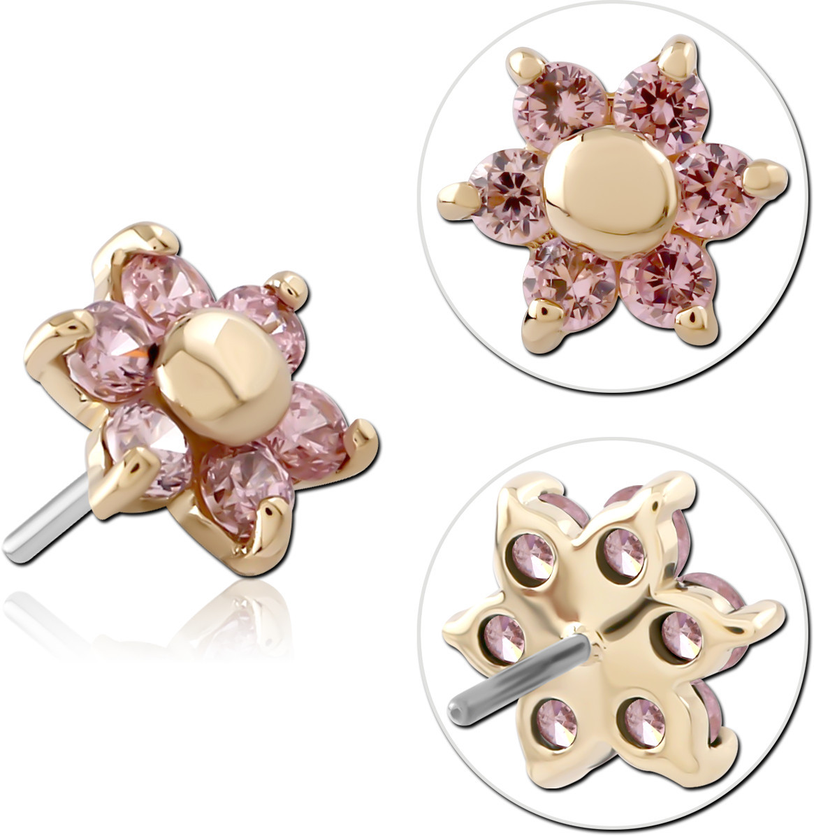 14K YELLOW GOLD TOP WITH TITANIUM THREADLESS PIN FLOWER CLUSTER CLEAR GEMS