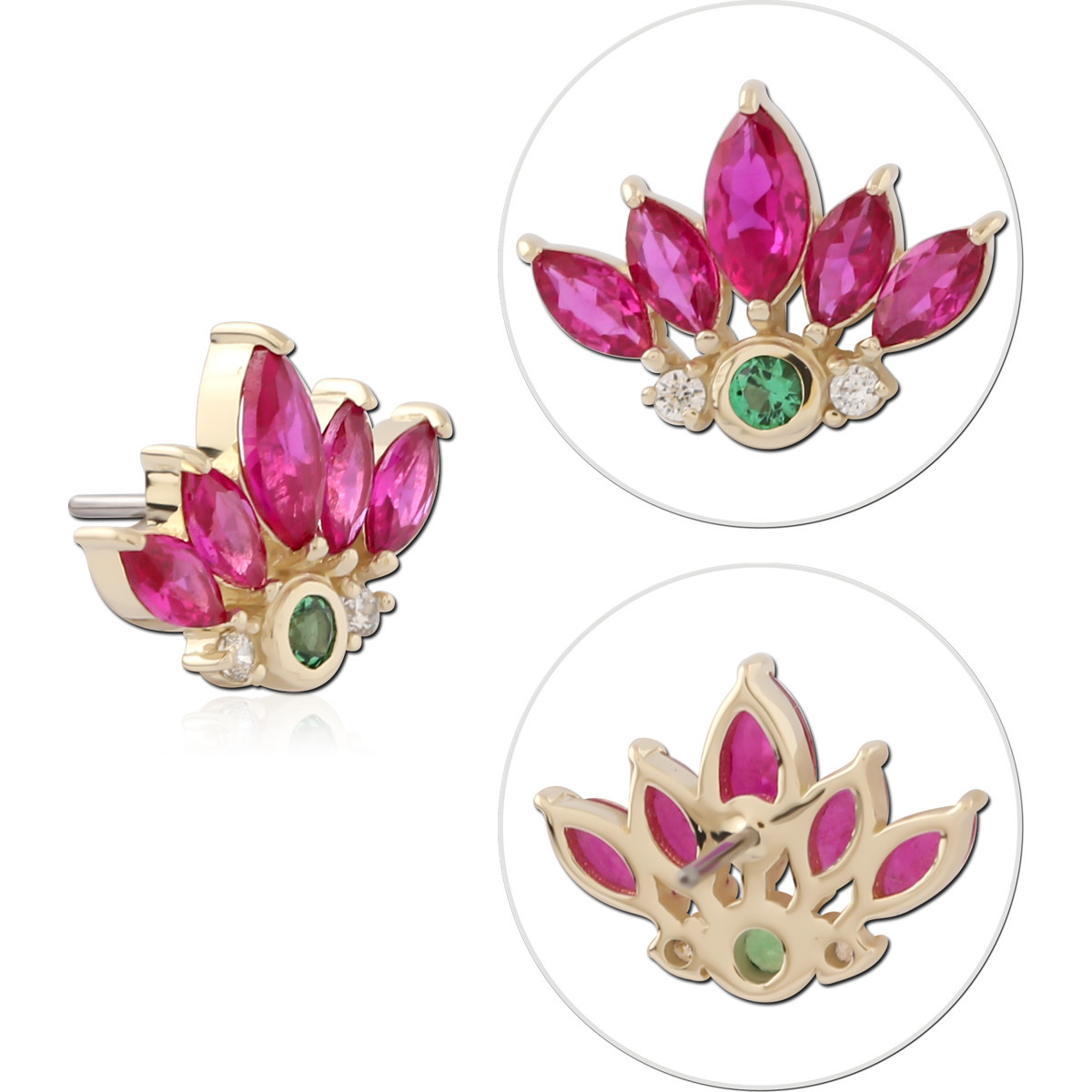 14K YELLOW GOLD TOP WITH TITANIUM THREADLESS PIN PINK MARQUISE FAN WITH GREEN CENTER