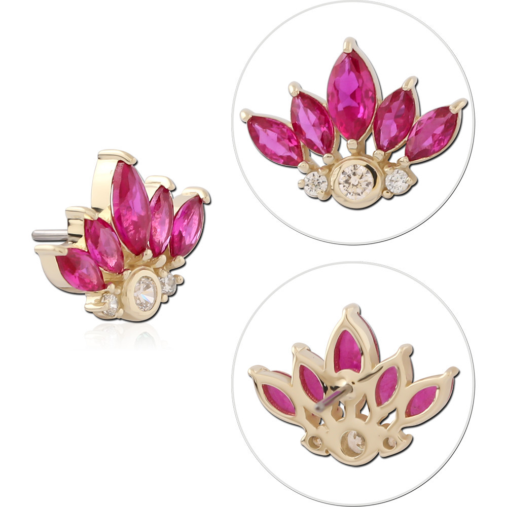 14K YELLOW GOLD TOP WITH TITANIUM THREADLESS PIN PINK MARQUISE FAN WITH GREEN CENTER