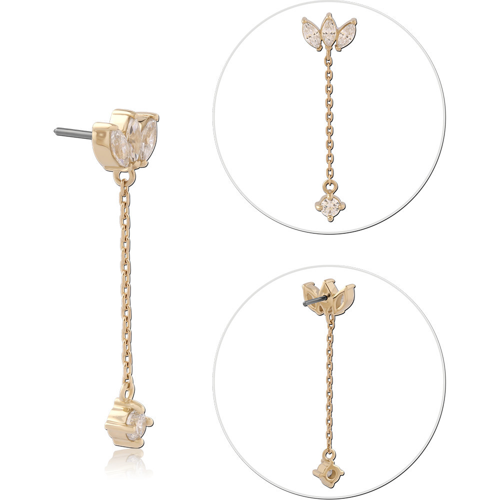 14K YELLOW GOLD TOP WITH TITANIUM THREADLESS PIN TRIPLE MARQUISE GEM WITH CHAIN
