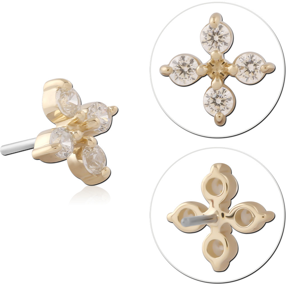14K YELLOW GOLD TOP WITH TITANIUM THREADLESS PIN FOUR GEM FLOWER
