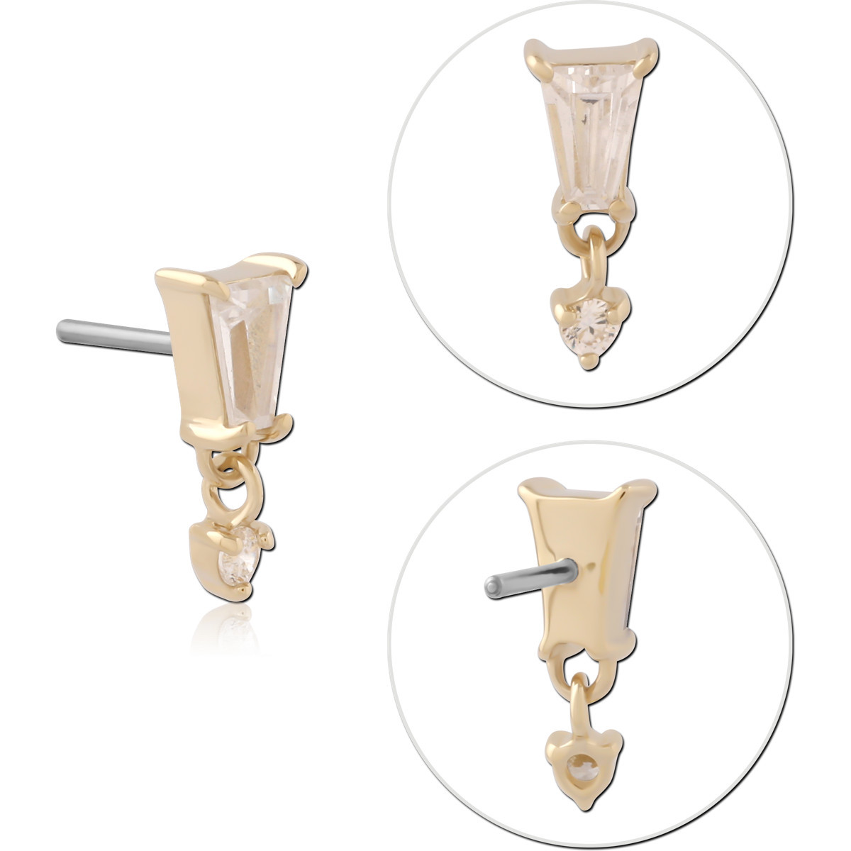 14K YELLOW GOLD TOP WITH TITANIUM THREADLESS PIN BAGUETTE GEM WITH DANGLE