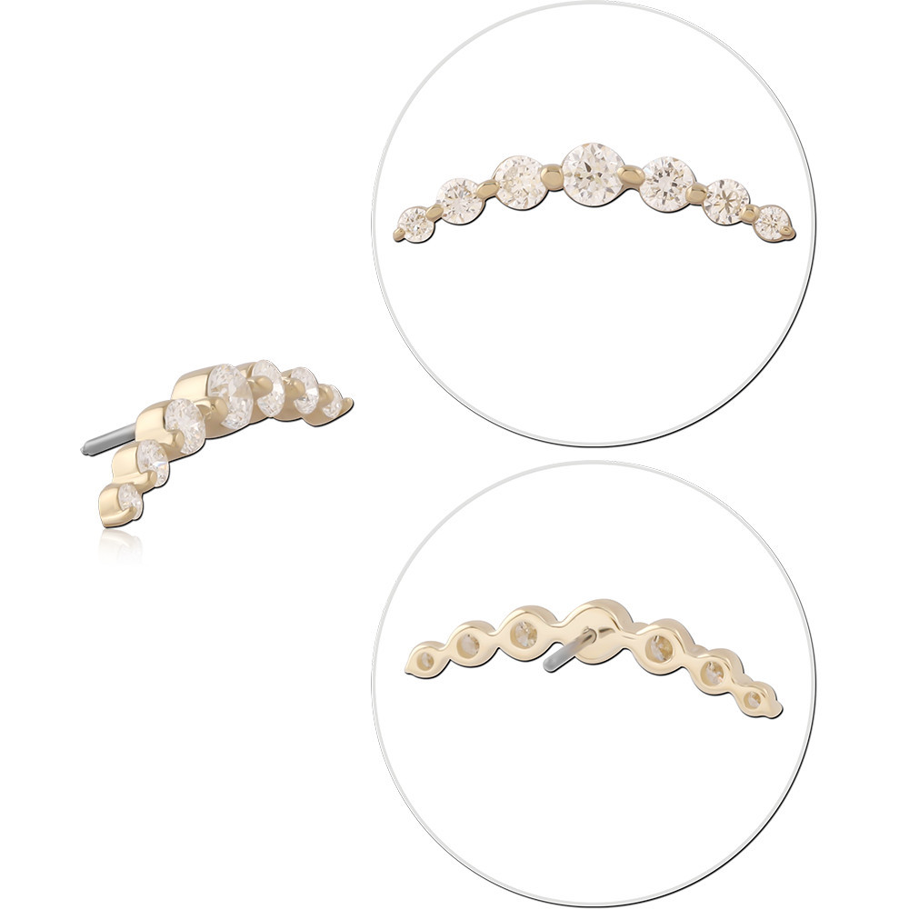 14K YELLOW GOLD TOP WITH TITANIUM THREADLESS PIN GRADUATED SEVEN ROUND GEM CURVE