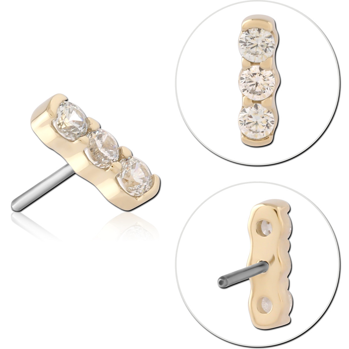 14K YELLOW GOLD TOP WITH TITANIUM THREADLESS PIN TRIPLE ROUND GEM BAR