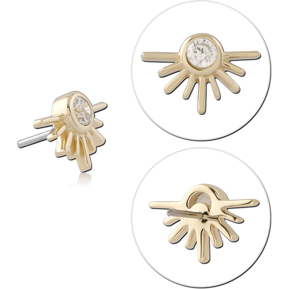 14K YELLOW GOLD TOP WITH TITANIUM THREADLESS PIN SUNBURST ROUND BEZEL GEM