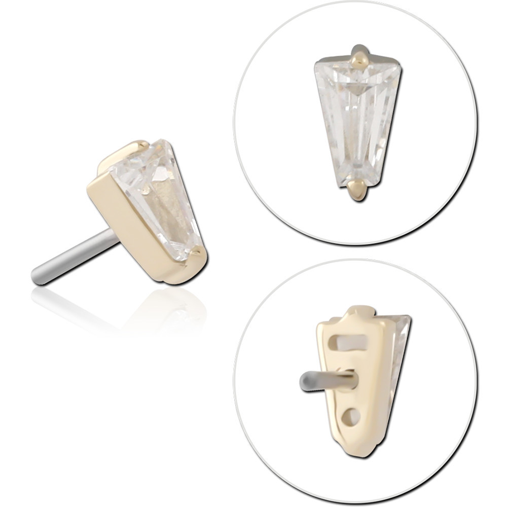 14K YELLOW GOLD TOP WITH TITANIUM THREADLESS PIN TRAPEZOID CLEAR GEM