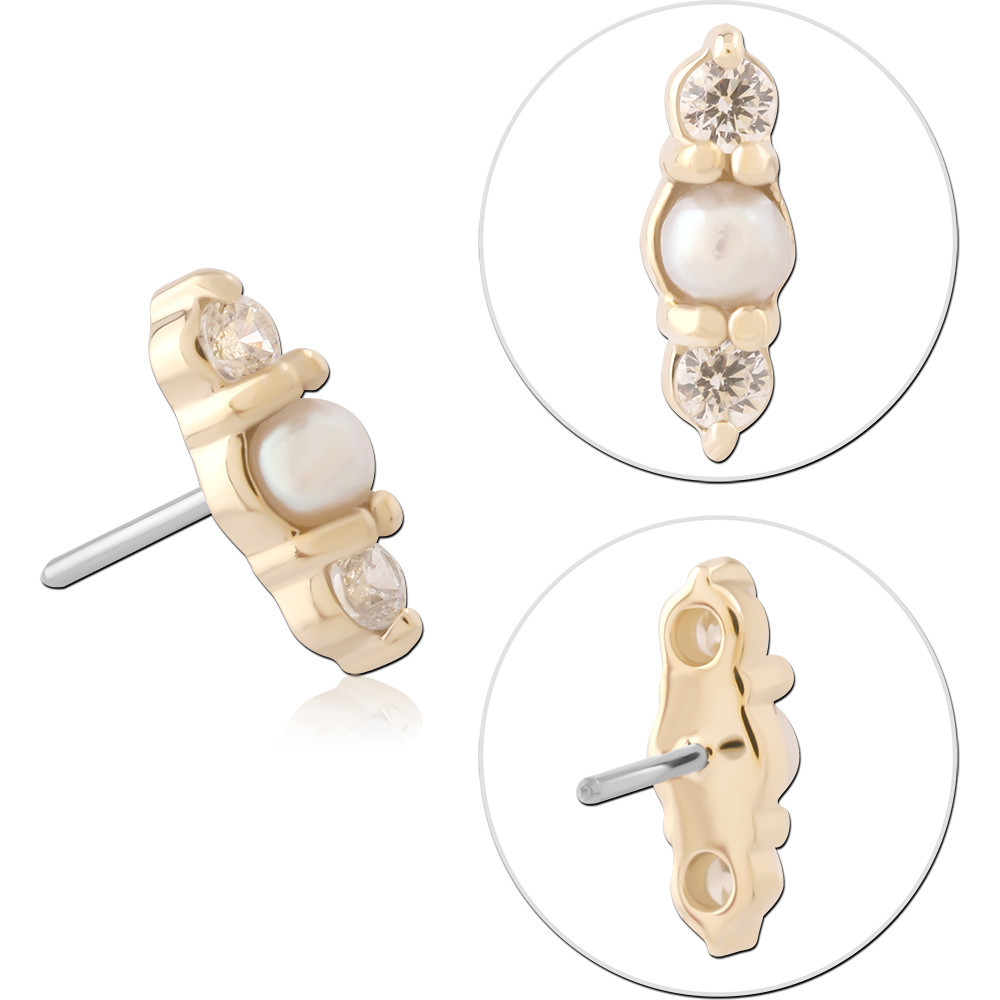 14K YELLOW GOLD PEARL AND DOUBLE GEM TOP WITH TITANIUM THREADLESS PIN