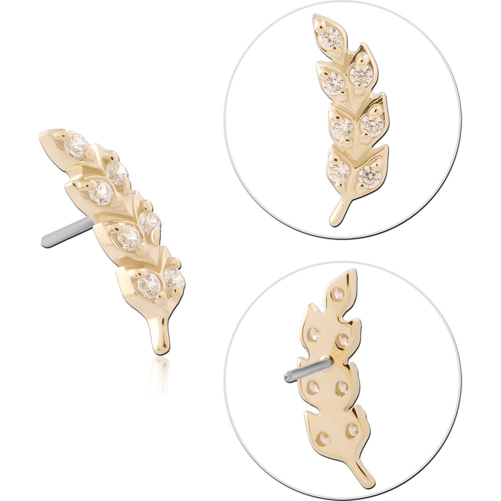 14K YELLOW GOLD TOP WITH TITANIUM THREADLESS PIN LEAF BRANCH MULTI GEM