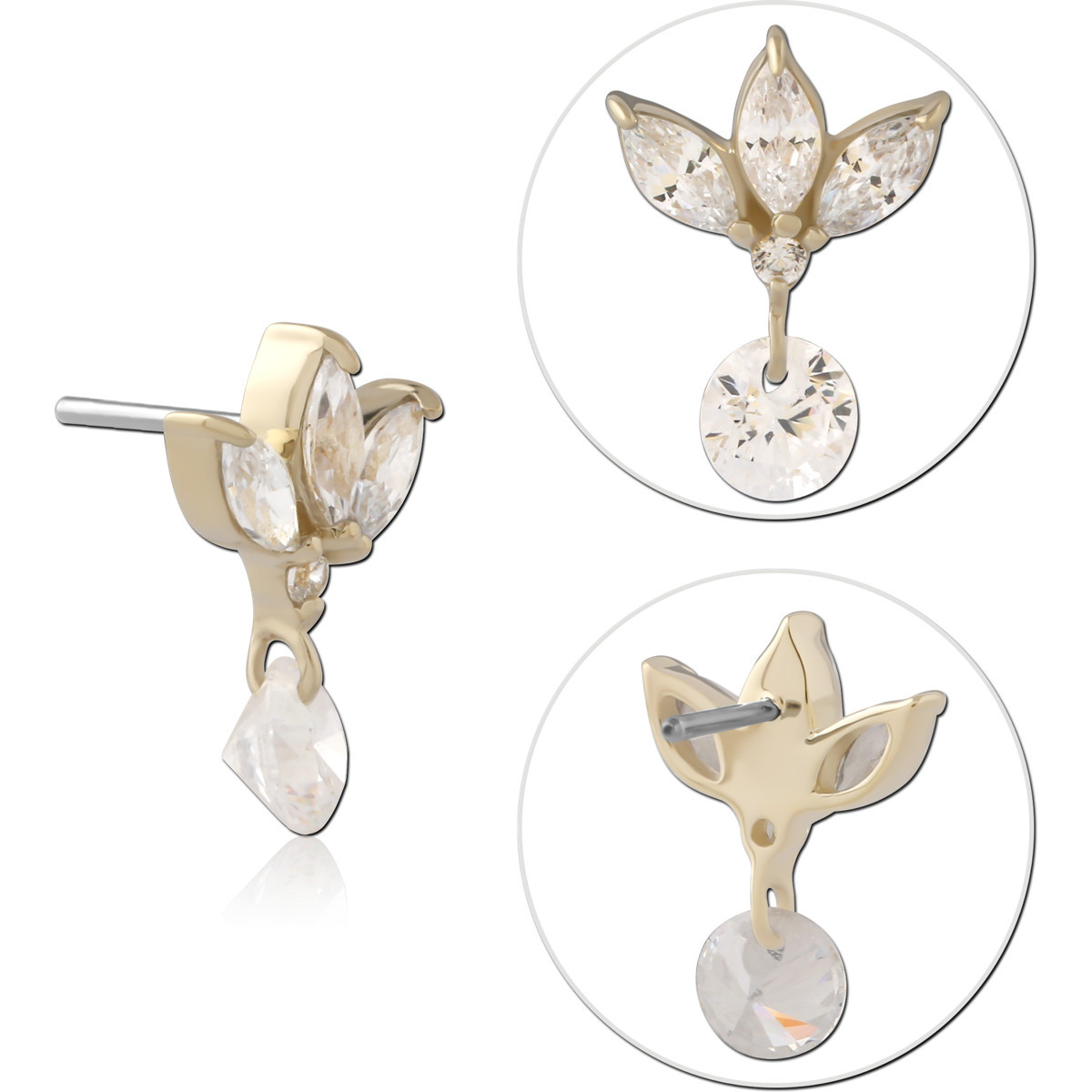 14K YELLOW GOLD TOP WITH TITANIUM THREADLESS PIN MARQUISE TRIO WITH SINGLE GEM CHARM