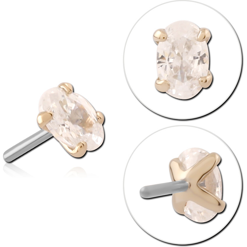 14K YELLOW GOLD TOP WITH TITANIUM THREADLESS PIN PRONG SET OVAL GEM