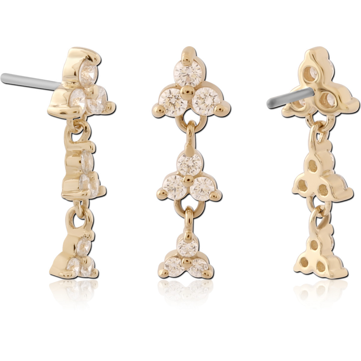 14K YELLOW GOLD TOP WITH TITANIUM THREADLESS PIN TRIPLE CLUSTER GEM DANGLE