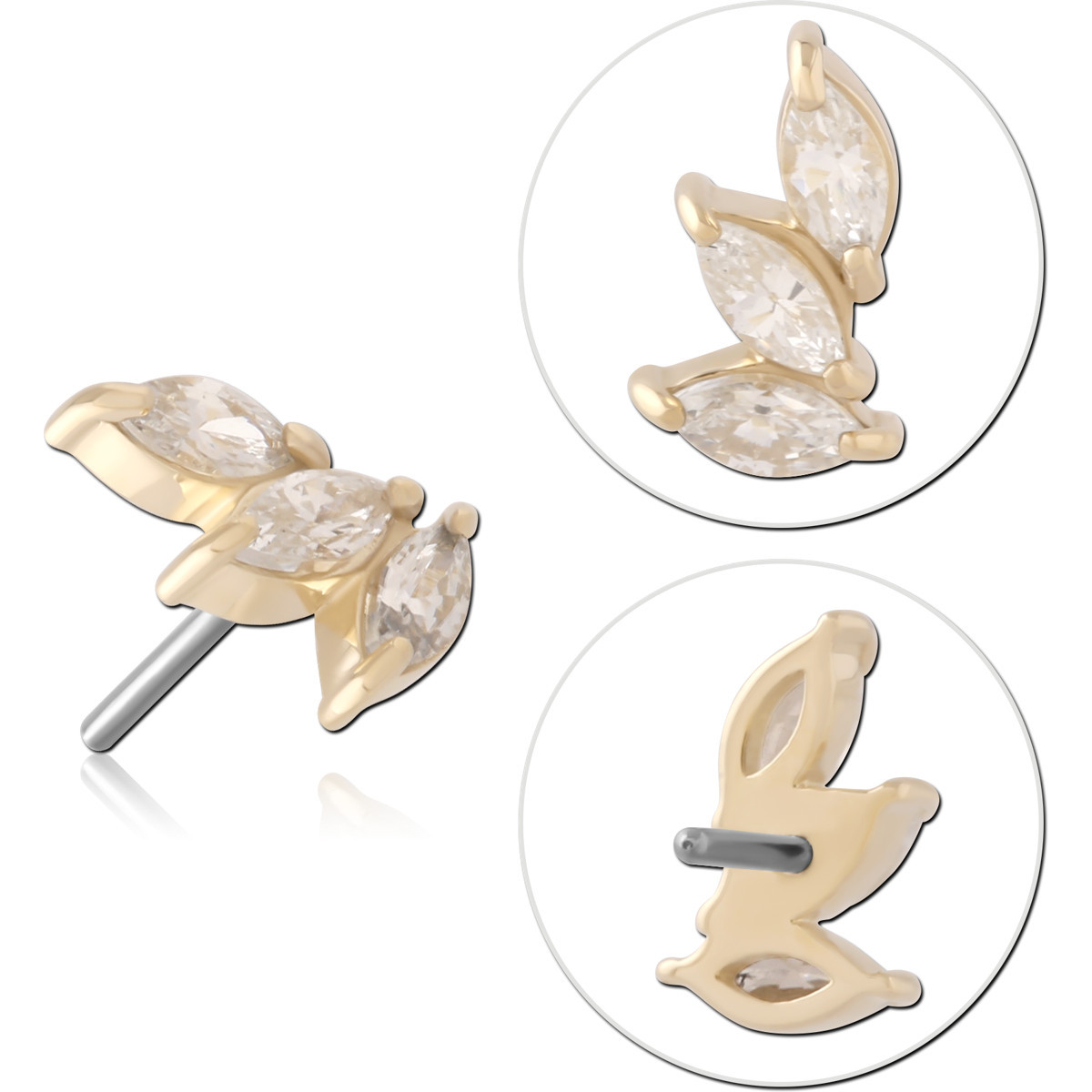 14K YELLOW GOLD TOP WITH TITANIUM THREADLESS PIN LEFT CURVE TRIPLE MARQUISE GEM