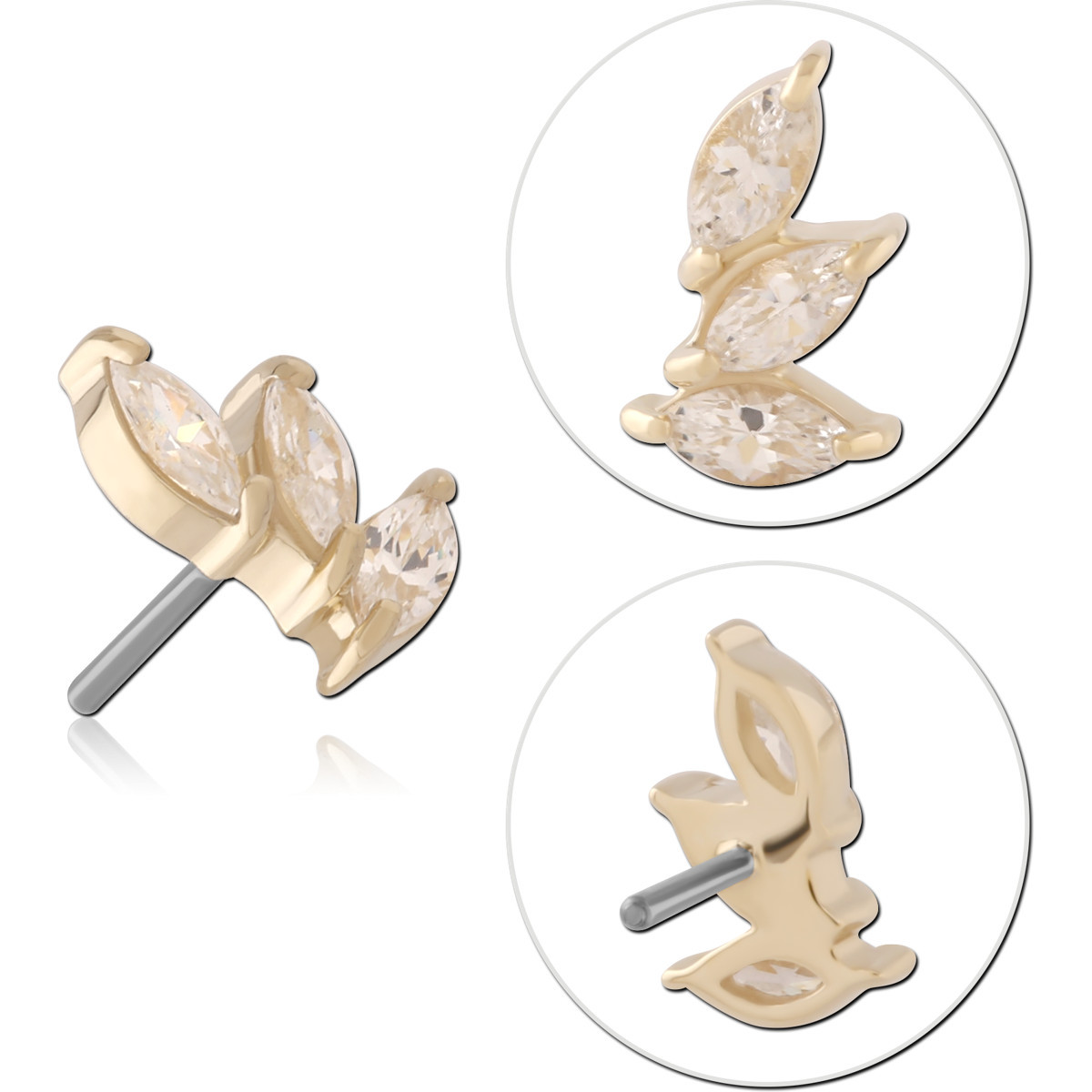 14K YELLOW GOLD TOP WITH TITANIUM THREADLESS PIN RIGHT CURVE TRIPLE MARQUISE GEM