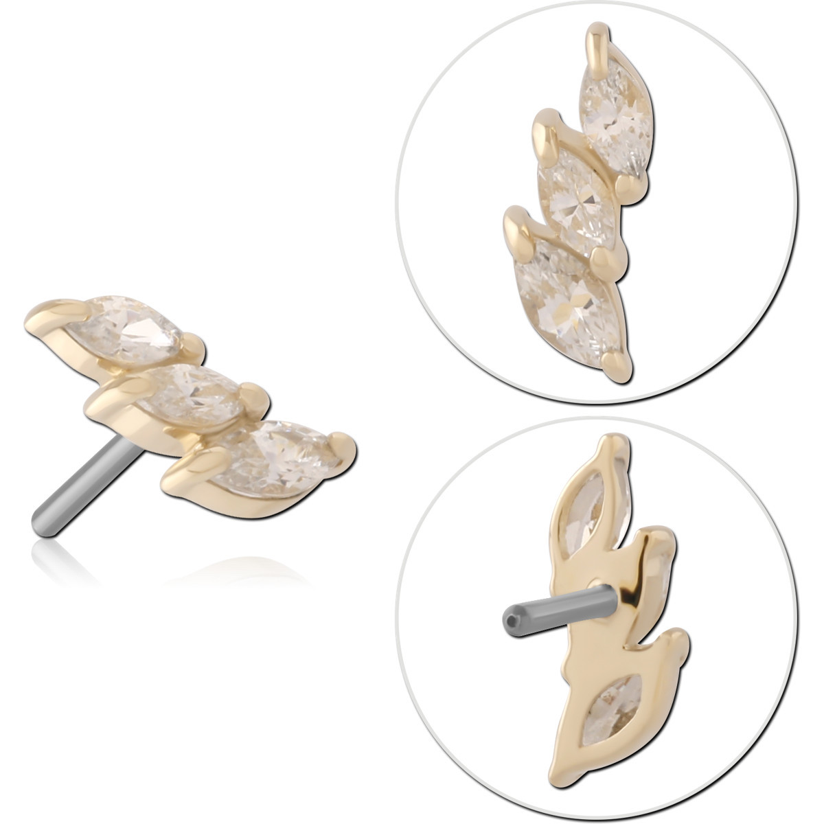 14K YELLOW GOLD TOP WITH TITANIUM THREADLESS PIN TRIPLE MARQUISE GEM LEFT