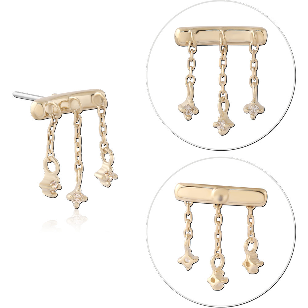 14K GOLD THREADLESS ATTACHMENT TRIPLE CHAIN DANGLE WITH GEM CHARMS