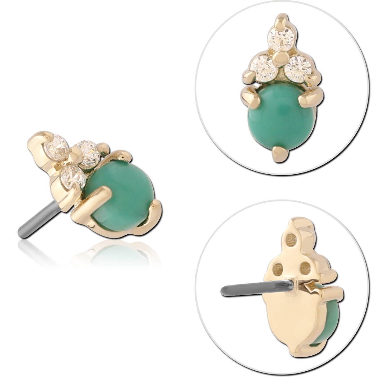 14K YELLOW GOLD THREADLESS TOP GREEN CABOCHON AND TRIPLE CLEAR GEM CLUSTER