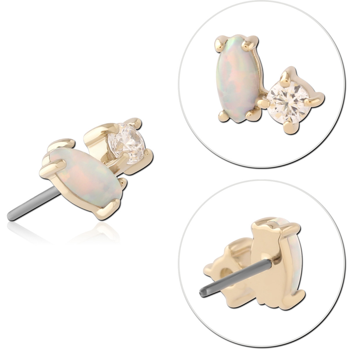 14K YELLOW GOLD THREADLESS TOP MARQUISE OPAL AND ROUND CLEAR GEM