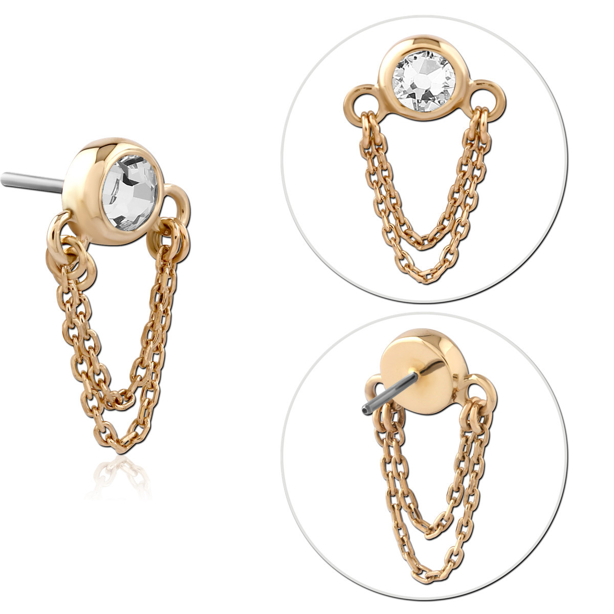 14K YELLOW GOLD TOP WITH TITANIUM THREADLESS PIN ROUND GEM WITH DOUBLE CHAINS