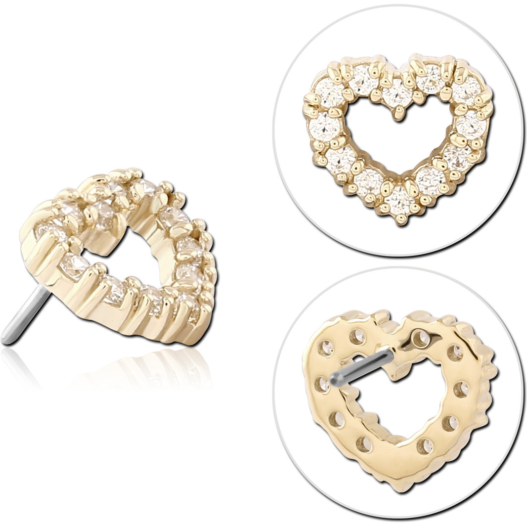 14K YELLOW GOLD ATTACHMENT WITH TITANIUM THREADLESS PIN PAVE HEART OUTLINE