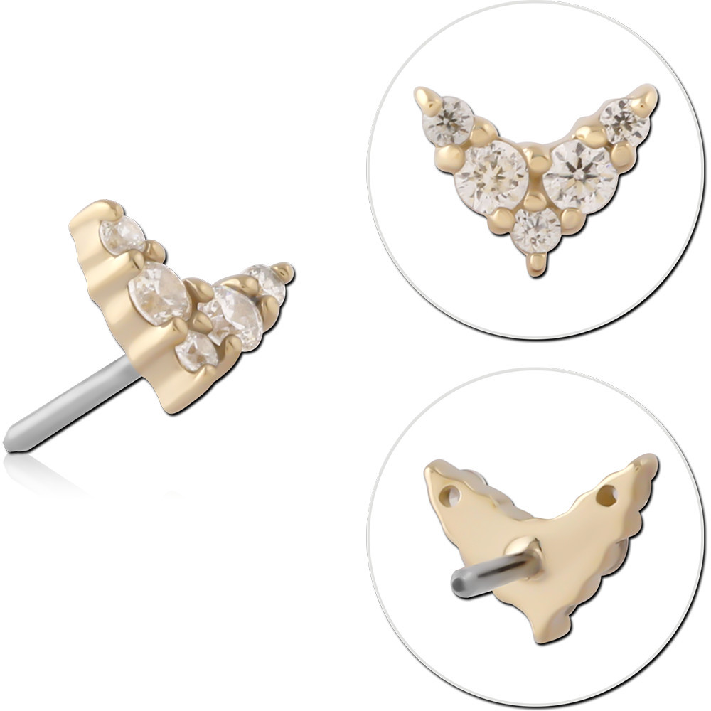 14K YELLOW GOLD ATTACHMENT WITH TITANIUM THREADLESS PIN GRADUATED V SHAPE GEM CLUSTER