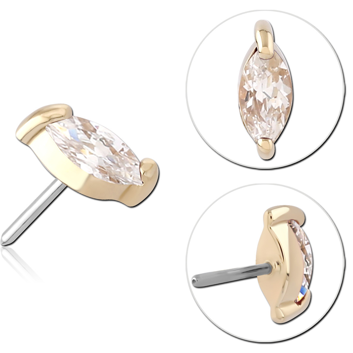 14K YELLOW GOLD JEWELED ATTACHMENT MARQUISE CUBIC ZIRCONIA 4.0X2.0MM TITANIUM THREADLESS PIN
