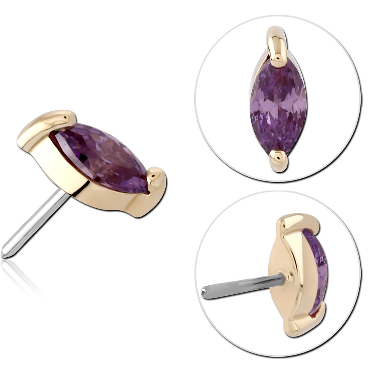 14K YELLOW GOLD JEWELED ATTACHMENT MARQUISE CUBIC ZIRCONIA 4.0X2.0MM TITANIUM THREADLESS PIN