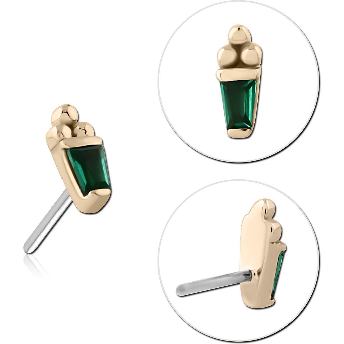 14K YELLOW GOLD TOP WITH TITANIUM THREADLESS PIN TAPERED BAGUETTE GREEN GEM